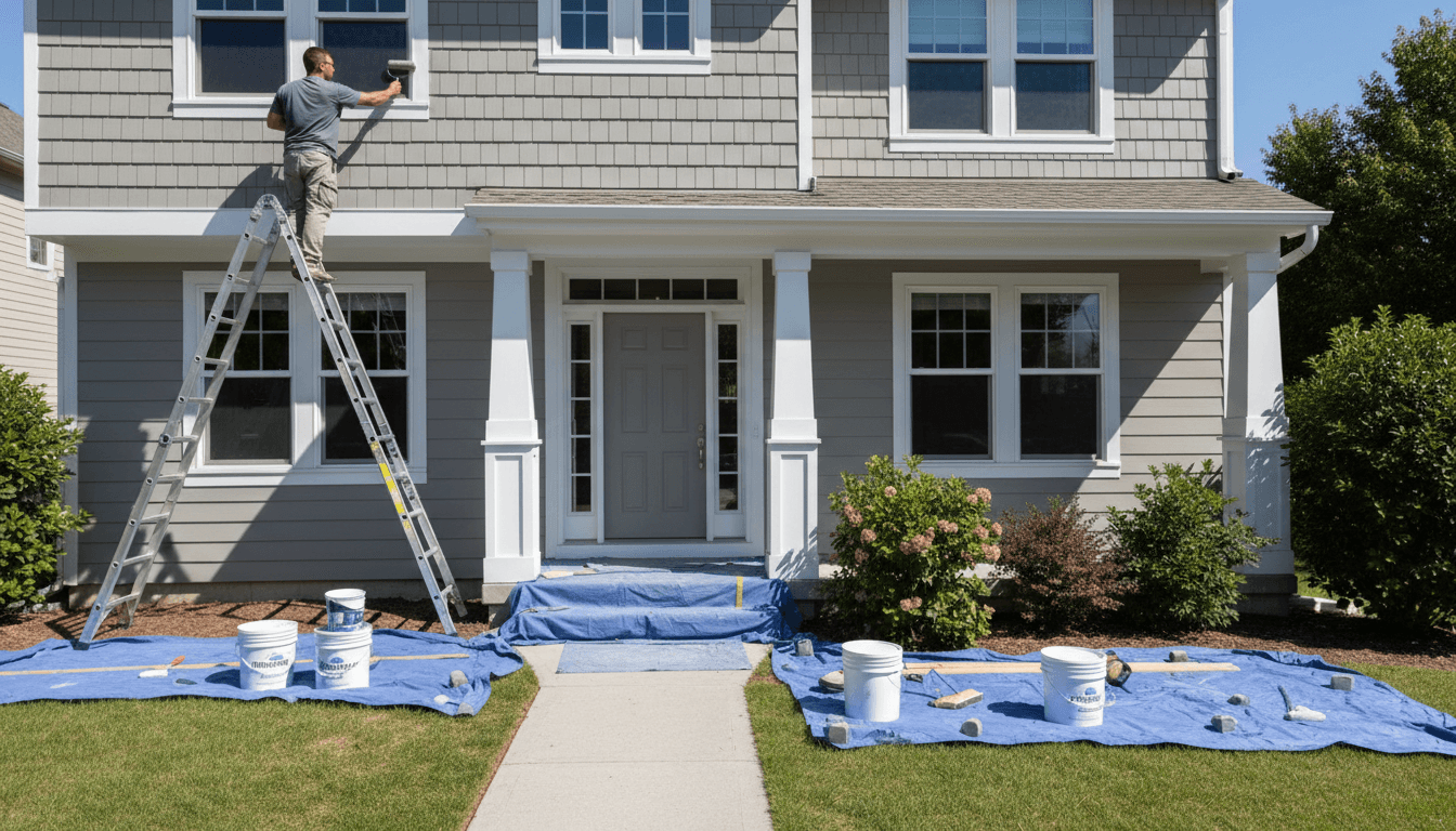 Painter on a ladder refreshing the exterior woodwork of a tidy garden home