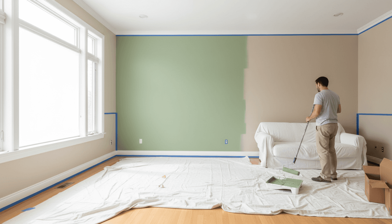 Bright living room with freshly painted sage green walls and clean drop cloths