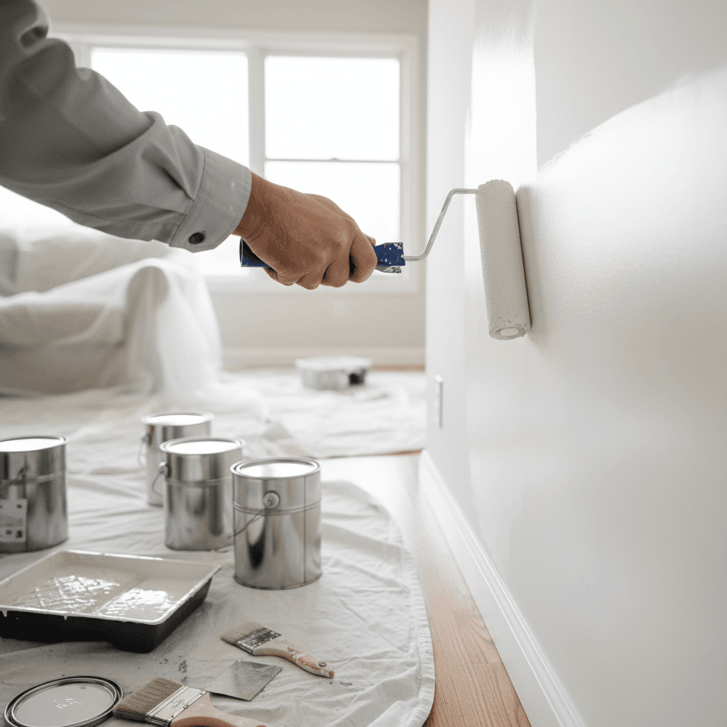Painter applying a final coat to a ceiling with a roller