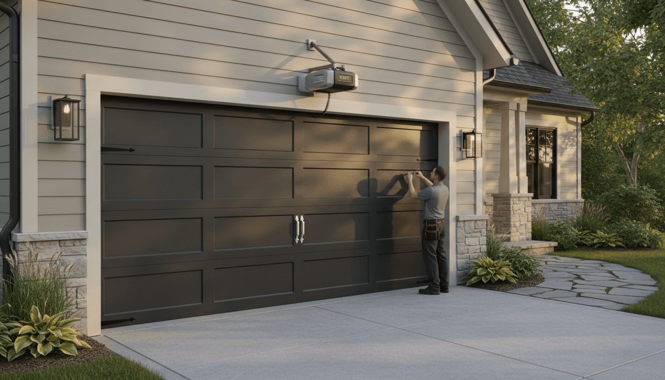 Freshly painted garage door in charcoal grey