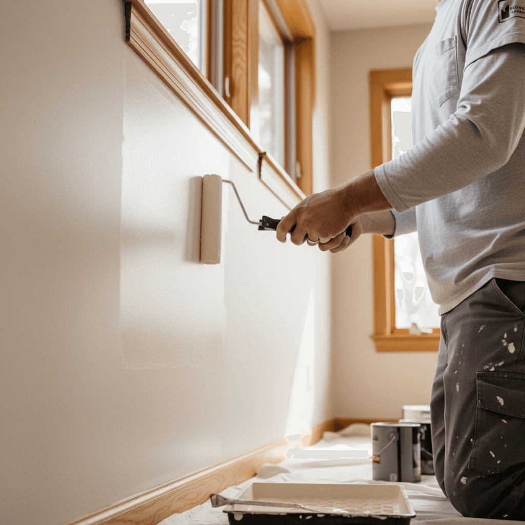 Paint roller applying fresh paint to a wall