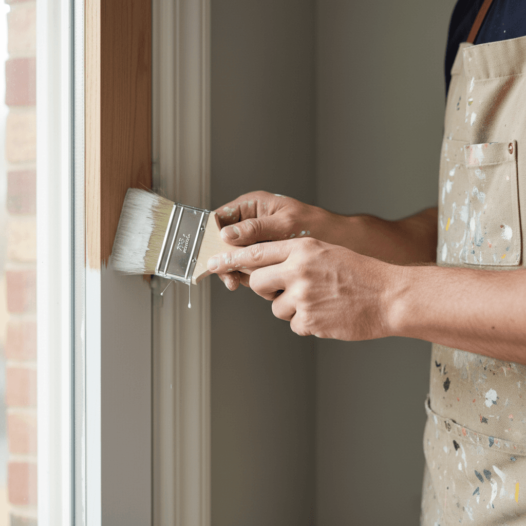 Painter painting skirting board with a brush for a clean finish