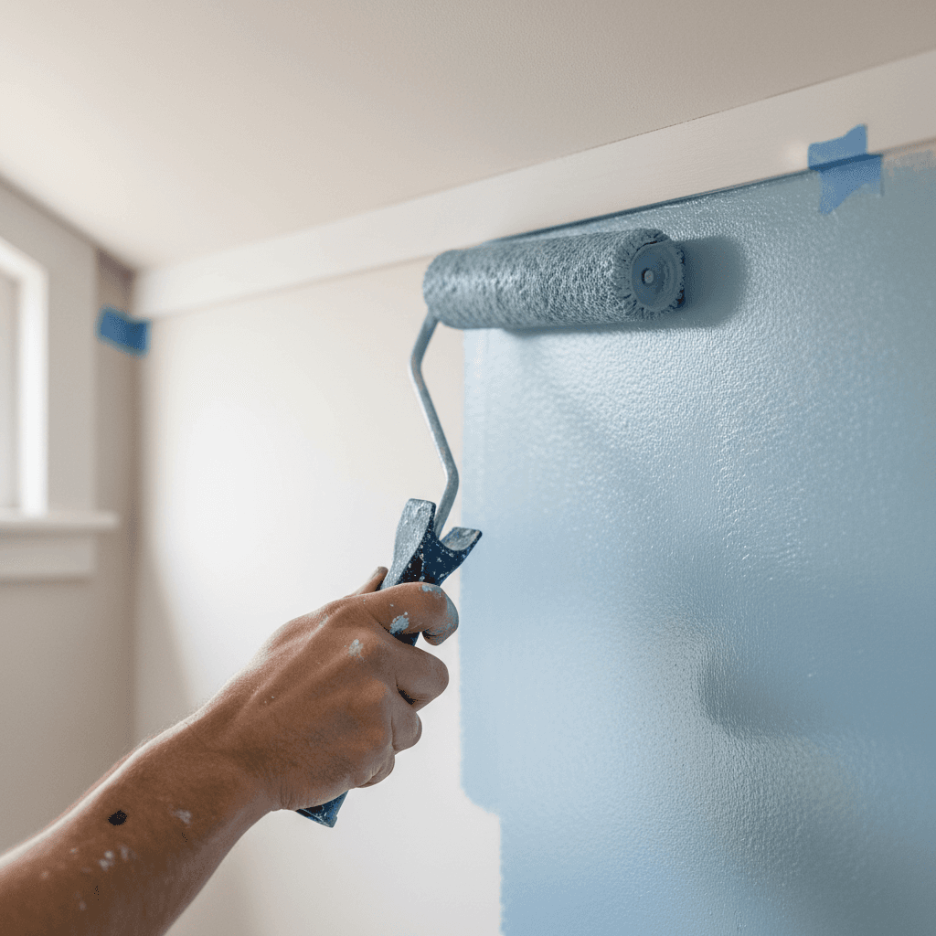 Paint roller applying fresh paint to an interior wall